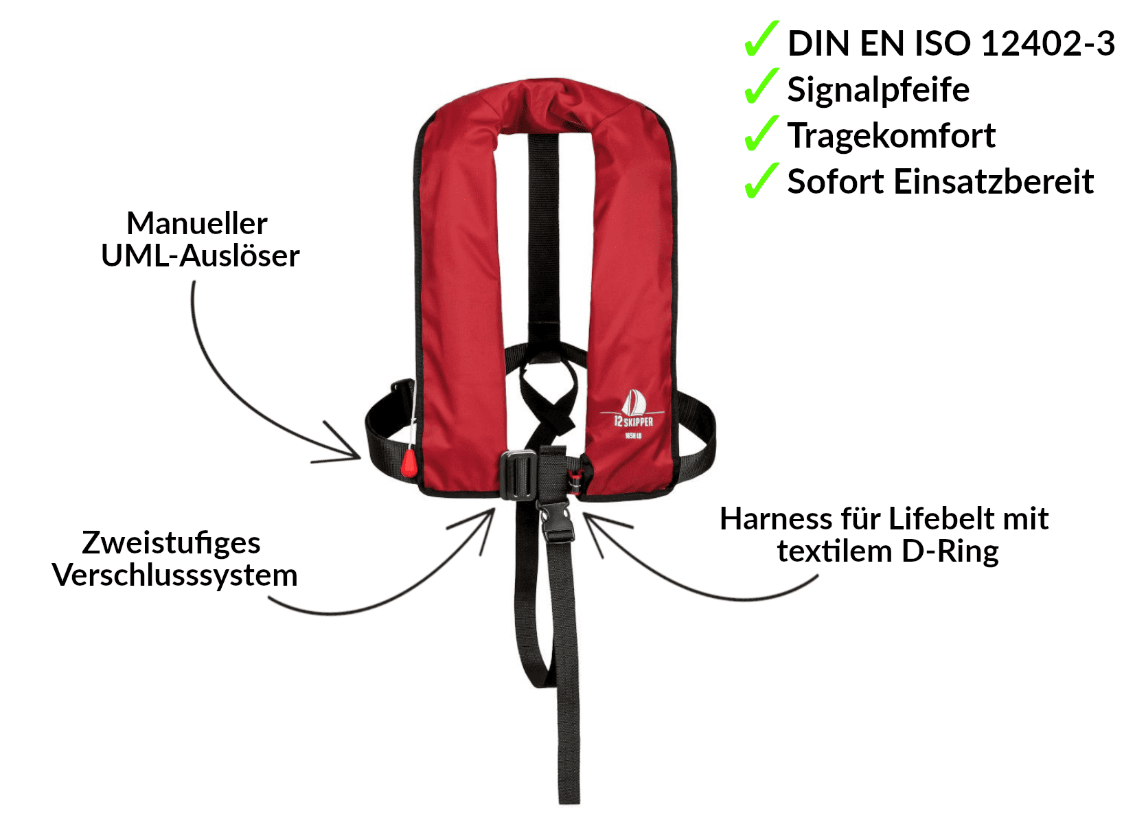 2er-Set 12skipper Automatik-Rettungsweste 165N ISO mit Harness, rot